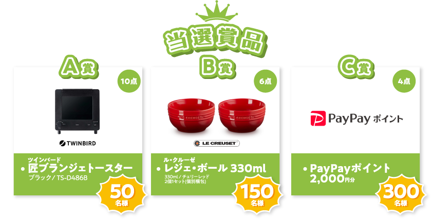 当選賞品  A賞匠ブランジェトースター B賞レジェ・ボール 330ml C賞PayPayポイント