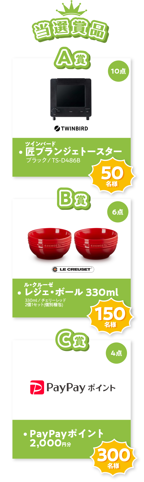 当選賞品  A賞匠ブランジェトースター B賞レジェ・ボール 330ml C賞PayPayポイント